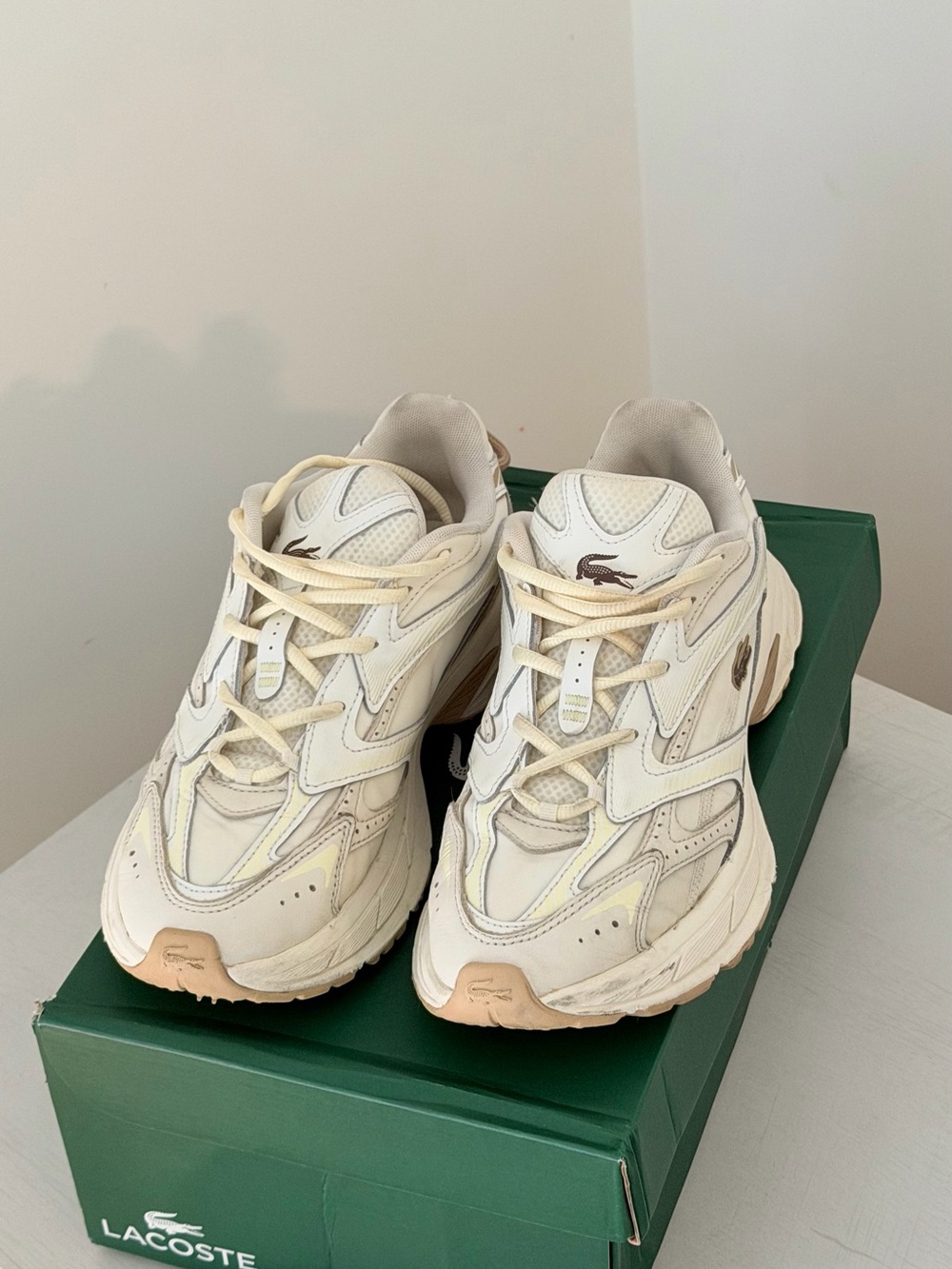 Lacoste Women's Cream/Beige yellow Chunky Lace-Up Sneakers